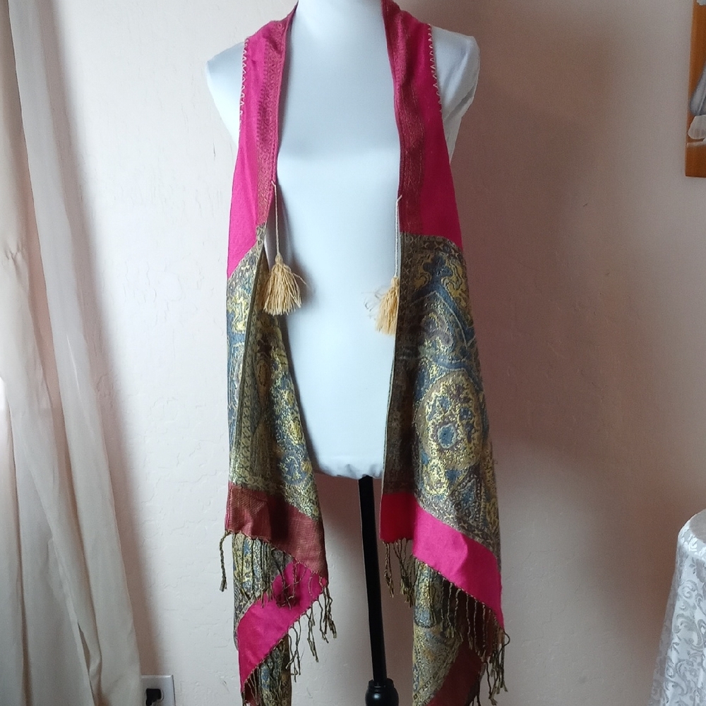 Women’s Pink and Gold Patterned Tassel Scarf Vest (Reversible)